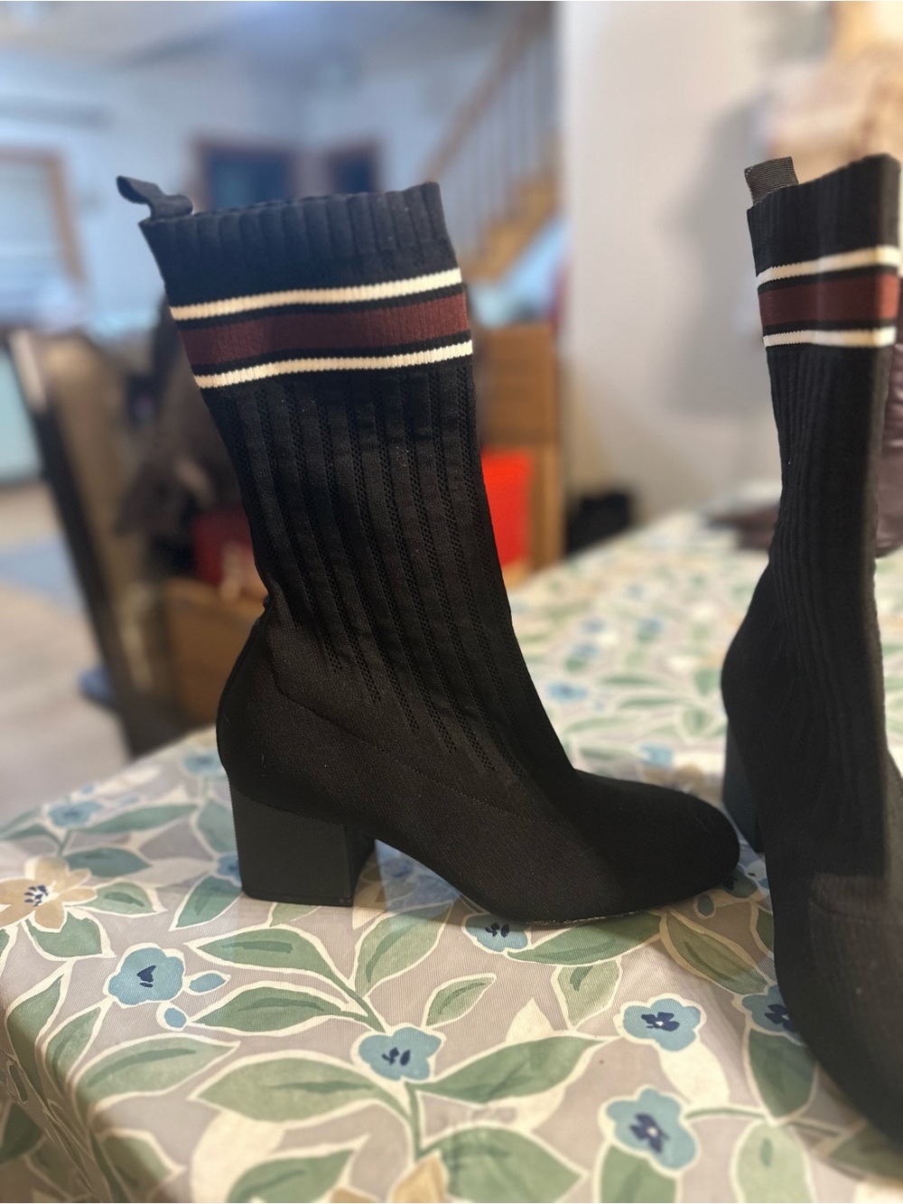 Ribbed Knit Black Sock Booties with Striped Cuff